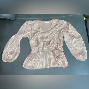 MINE Blush Metallic Wrap Peplum Blouse, Size L